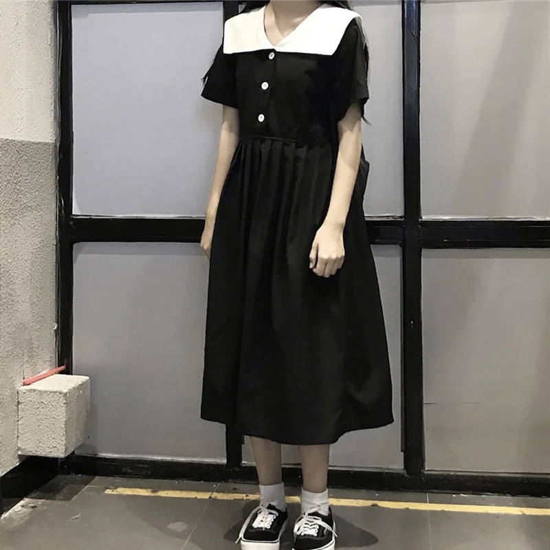 

Black Japanese Style Dresses Summer 2019 Midi Long Dress Sailor Collar Cute Harajuku Kawaii Retro Japanese Girl Dress FF2224