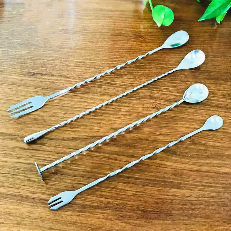 

1Pcs Cocktail Fork Spoon Stainless Steel Cocktail Bar Durable Bar Appliances Stirring Rod Spiral Shape Double Head Kitchenware