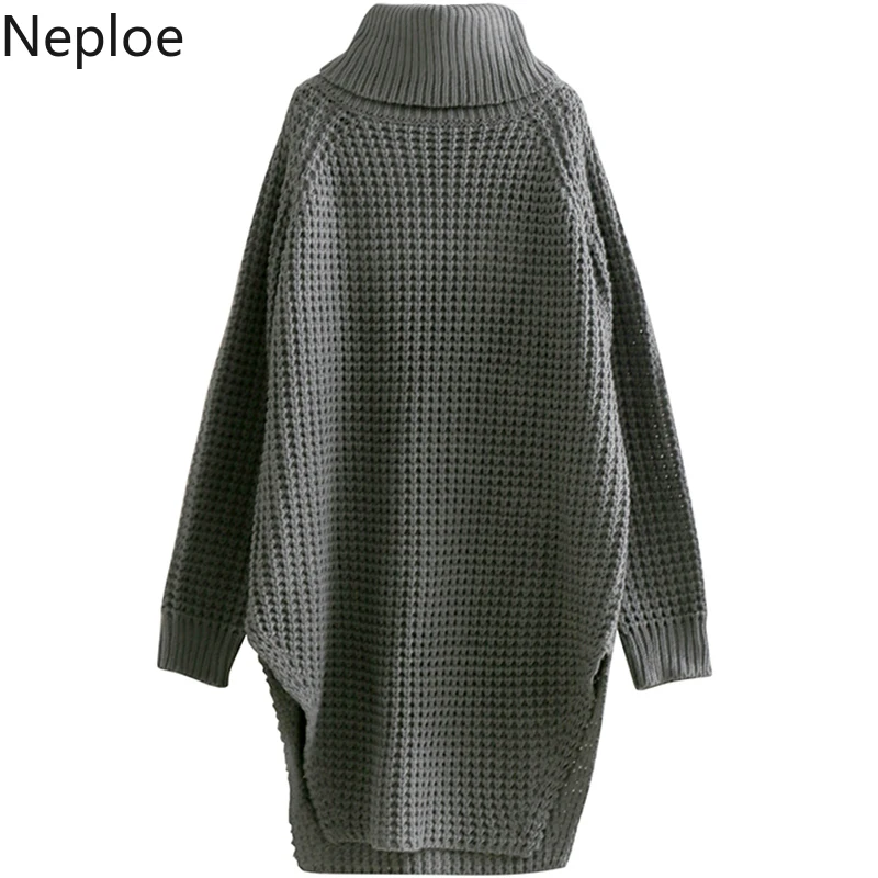 Женский плотный вязаный пуловер с высоким воротником и разрезом сбоку