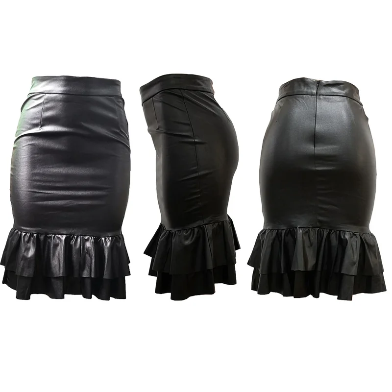 Женская короткая юбка карандаш из искусственной кожи размера плюс черная