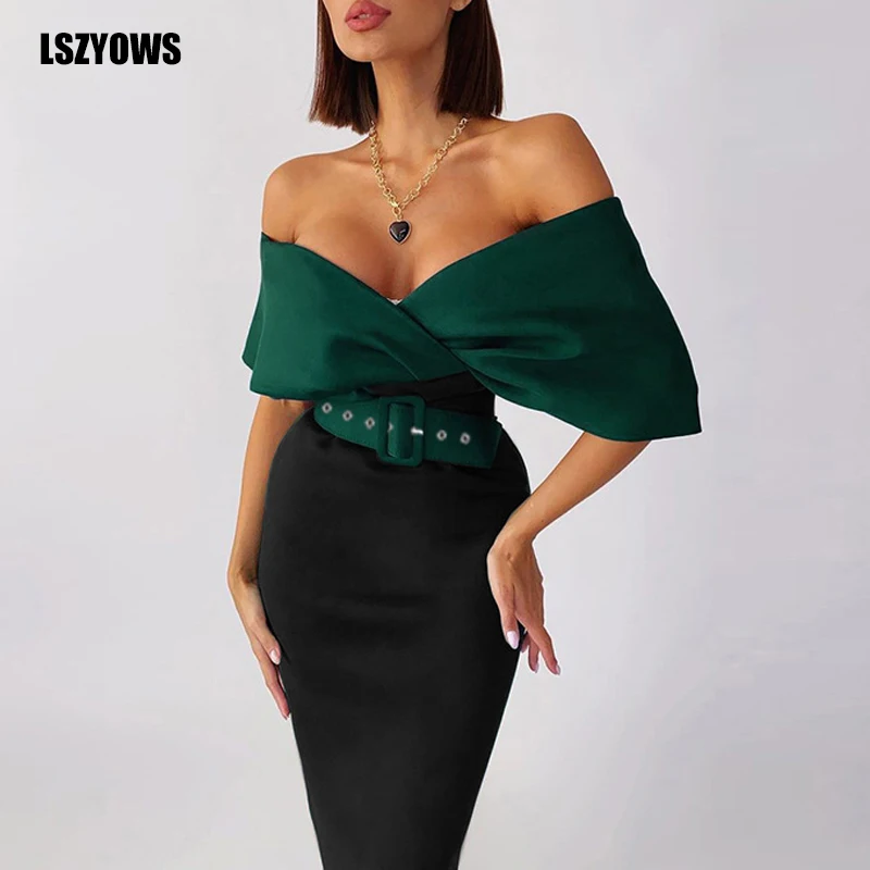 

Женское платье с открытыми плечами и V-образным вырезом, соблазнительное вечернее платье в стиле пэчворк, офисное облегающее платье миди с к...