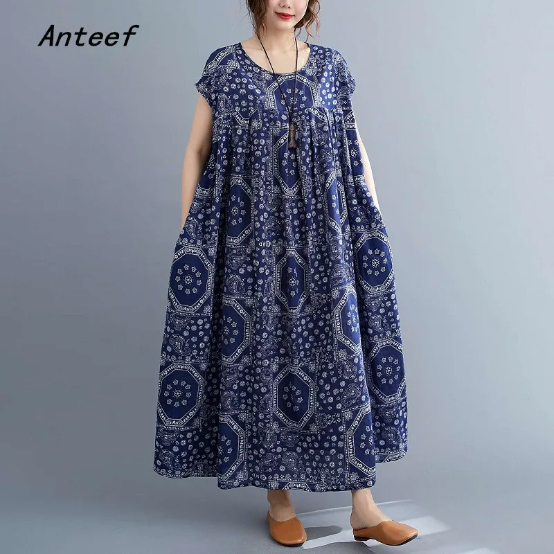 

short sleeve oversized cotton vintage floral dresses for women casual loose long summer dress elegant clothing 2023