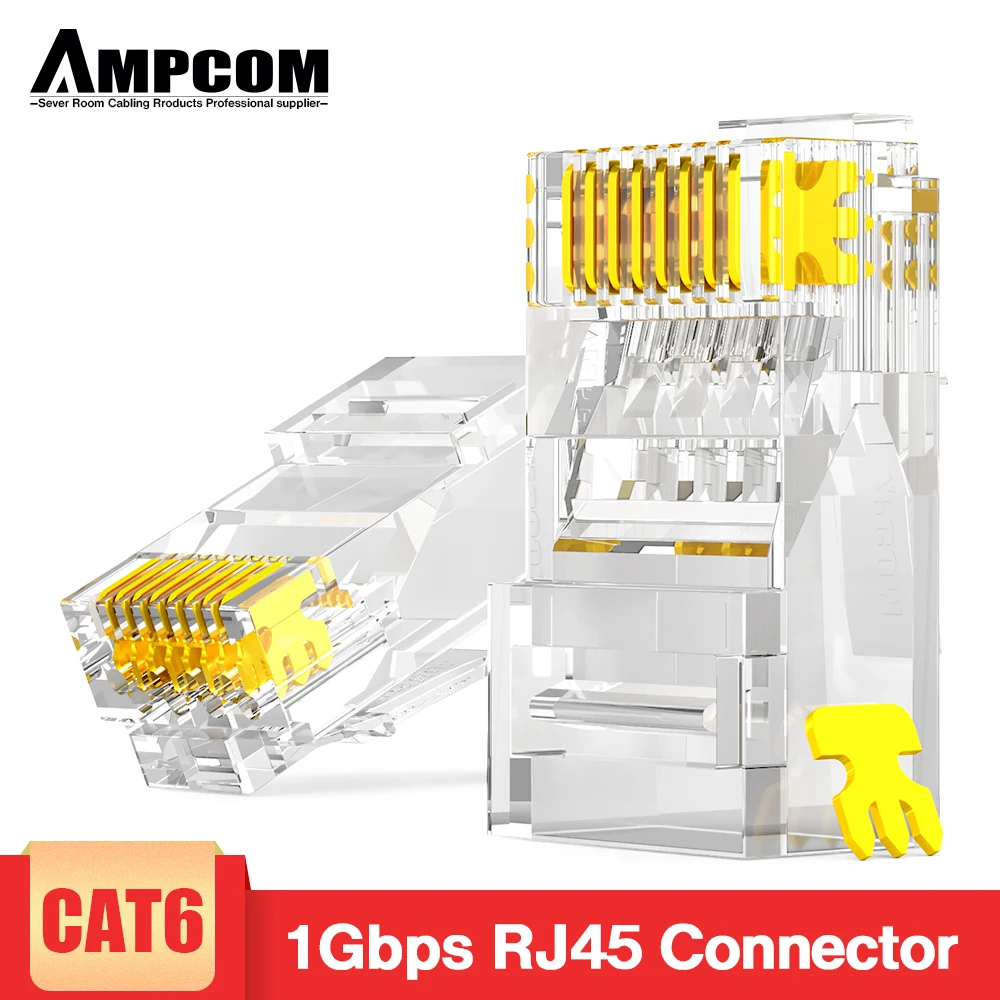 Модульный разъем AMPCOM CAT6 RJ45 UTP 50U позолоченный обжимной Конец 8P8C для Ethernet кабеля