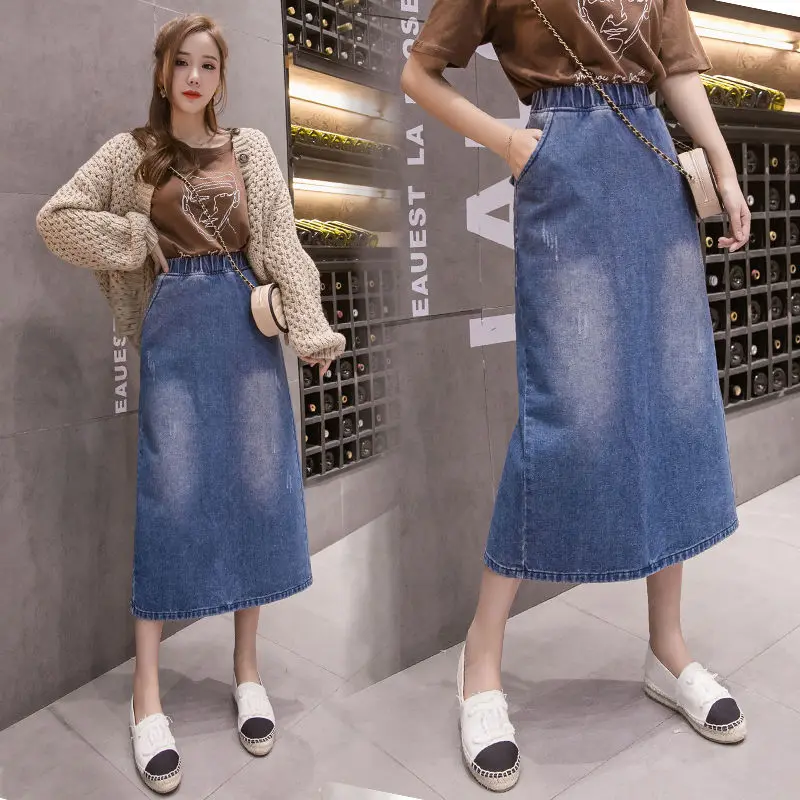 

[80-200kg can be worn] high waist denim half length A-line skirt medium length over knee large women's dress fat