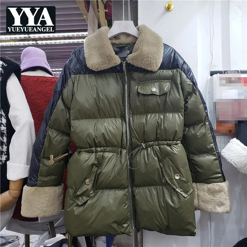 

Winter Women New Mixed Color Lapel Cotton Jacket Pockets Drawstring Zipper Puffy Parkas Army Green Cuff Lambswool Outwear