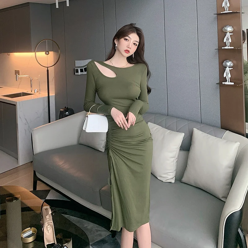

CMAZ 2021 New Fall Women's Clothing Sexy Cutout Ripped Drawstring Split Long Sleeve Mid-Length Slim-Fit Sheath Dress