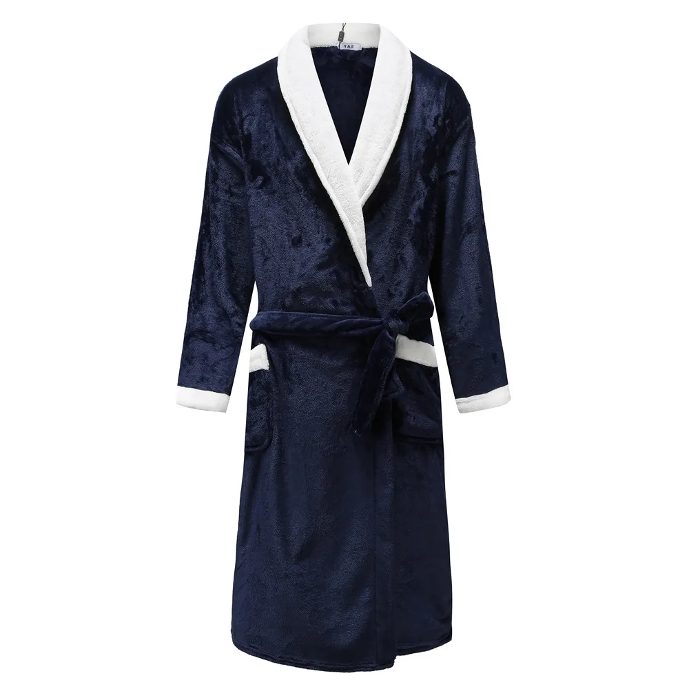Flannel Men Nightwear Negligee Winter Coral Fleece  Gown Sleepwear Home Clothing Thick Bathrobe Belt Pocket Nightgown