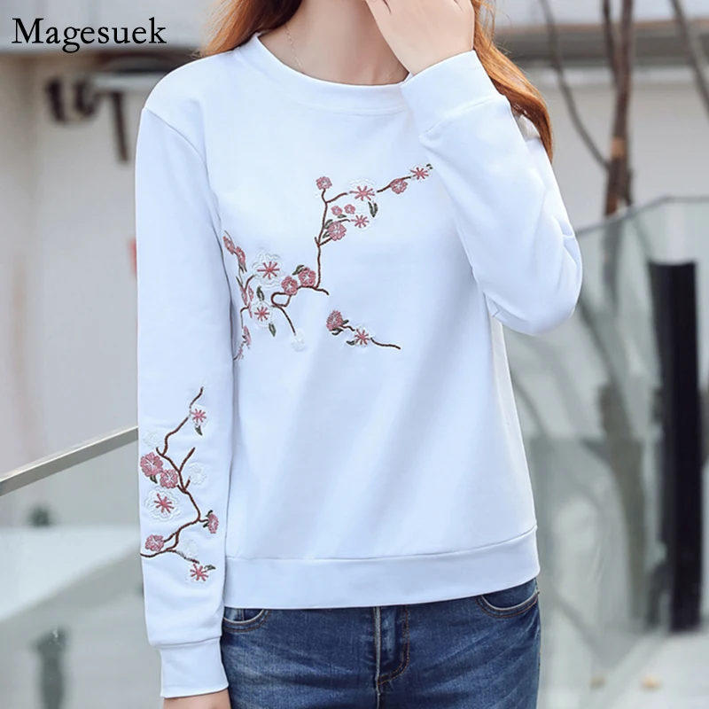 

2021 Осенняя простая женская блузка с цветочной вышивкой, хлопковые Женские топы и блузки, Свободный пуловер с длинным рукавом, женская рубаш...