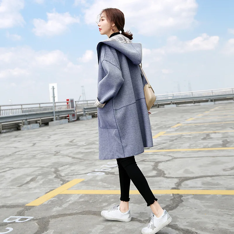 

Autumn/Winter Women Wool Coat Casual Loose Large Lapel Pocket Hooded Overcoat