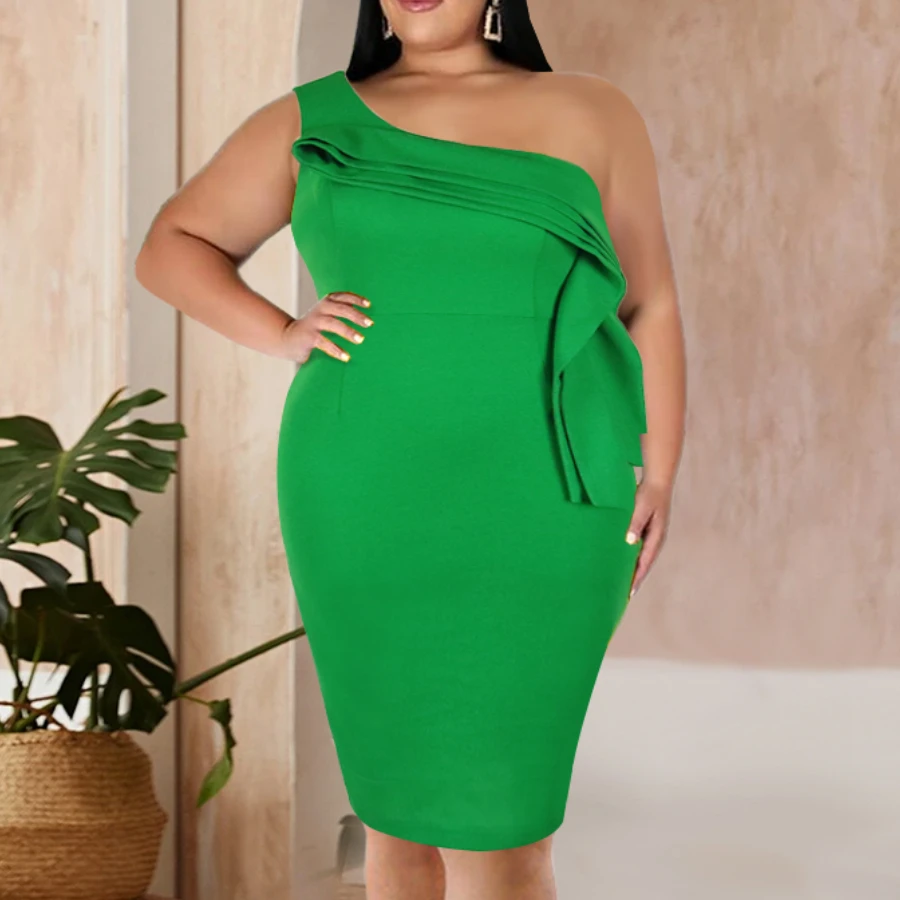 

Green Bodycon Dresses Plus Size Women Knee Length Ruffles Birthday Evening Party Summer One Shoulder Curve Dress Autumn New 2021