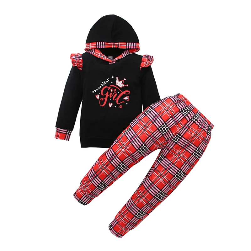 

18Months-6Years Baby Hooded Sweatshirt Trousers Clothes Set Plaid Printing Elastic Waist Ruffle Autumn Spring Kids Clothing New