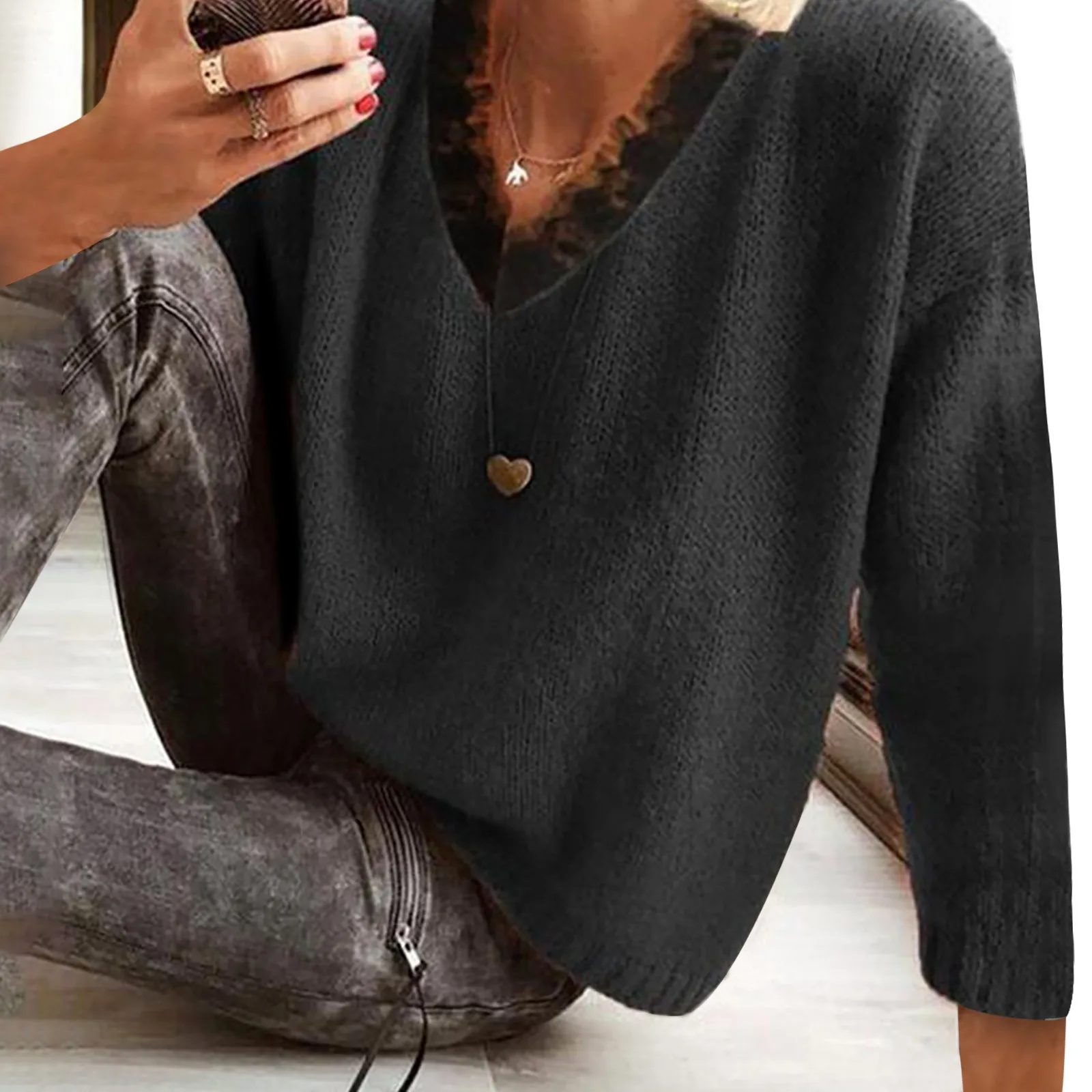

Women Sexy Lace Pullovers New Fashion Solid Color V-neck Long-sleeved Loose Casual Pullover Sweater Jerseys Mujer Invierno