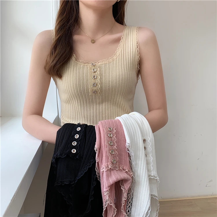 

The New Women Knitted Summer O Neck Vest New Lace Stitching Plain Weave camisole Vest Women's Sleeveless Blouse Tops T-Shirt