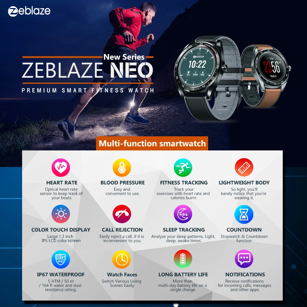 Смарт-часы Zeblaze NEO IP67 водонепроницаемые BT4.0 пульсометр кровяное давление камера