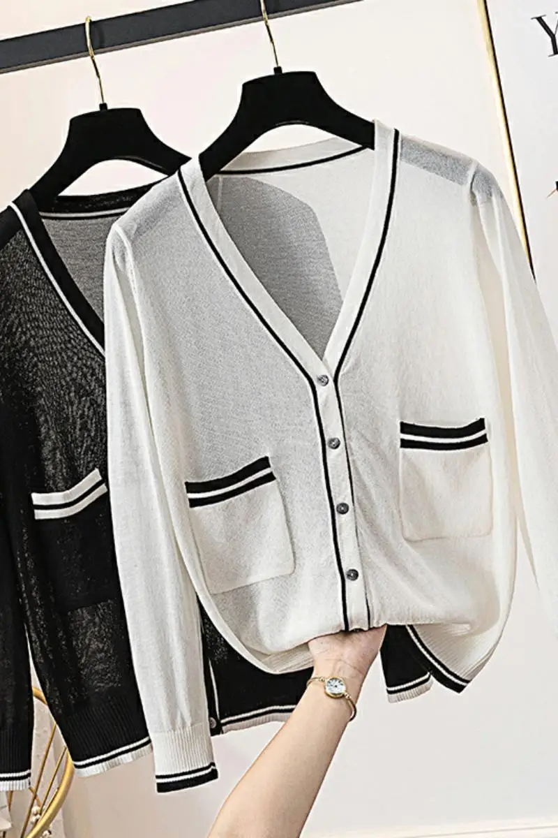 

Korean Style Outer Sunscreen Cardigan Ice Silk Knitted Shawl Air Conditioning Shirt Ultra-thin Ice Linen Jacket White Cardigans