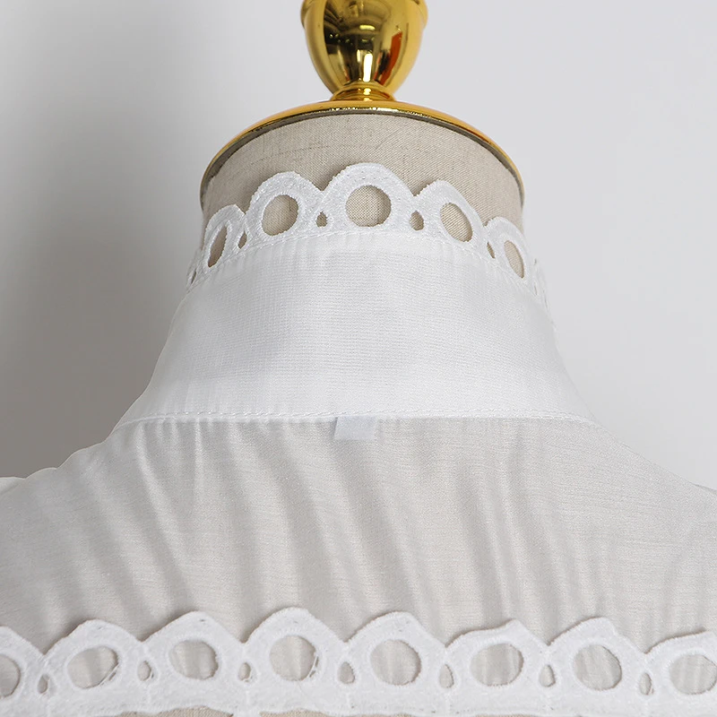 

CHICEVER Hollow Out Women's Shirts Stand Collar Lantern Sleeve Patchwork Lace Mesh Loose For Female Shirts 2021 Autumn Clothing