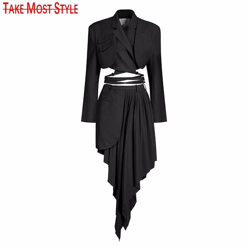

Ruched Irregular Two Piece Set For Women Notched Long Sleeve Lace Up Top High Waist Skirt Suit Female 2020 Tide New