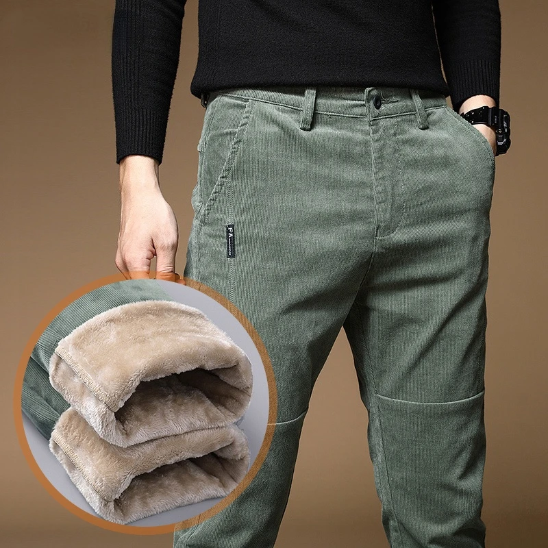 

High Quality Autumn Winter Fleece Warm Corduroy Pants Men Thick Casual Business Fashion Stretch Velvet Black Gray Green Trousers
