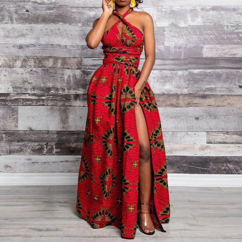 Длинное летнее женское платье с лямкой на шее в африканском стиле высокой талией