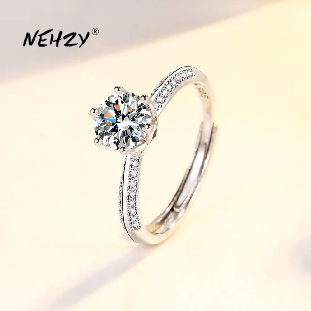 

NEHZY S925 Stamp Silver New Woman Fashion Jewelry High Quality Crystal Zircon Six Prong Crown Opening Adjustable Size Ring