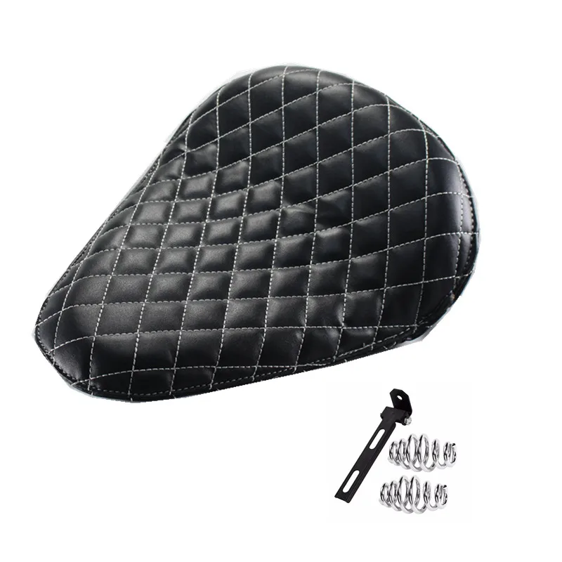 

Motorcycle Seat-&3 Spring Bracket Leather Solo Seat With Grid White Diamond Stitch For Harley Sportster Bobber Chopper Custom