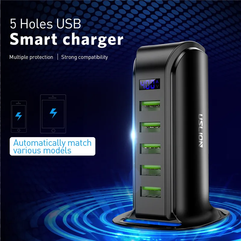 uslion 5 port multi usb charger led display usb charging station universal mobile phone desktop wall home chargers eu us uk plug free global shipping