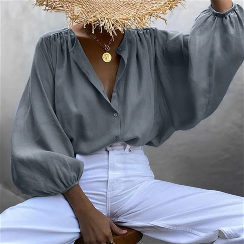 

Womens Tops and Blouses Elegant Long Sleeve OL Shirt Ladies Solid Color chemise femme blusa feminina Lantern Sleeve Streetwear