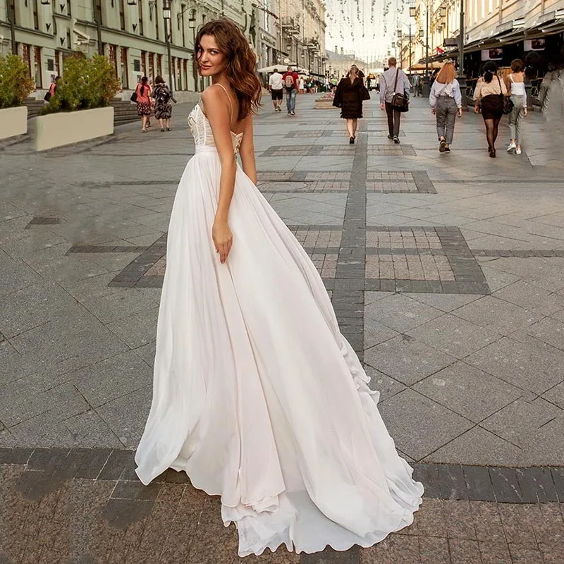 Eightree Spaghetti Straps Wedding Dress Sleeveless Floral Appliques Bride Dresses A-line Chiffon Gowns Vestidos De Novia | Свадьбы и