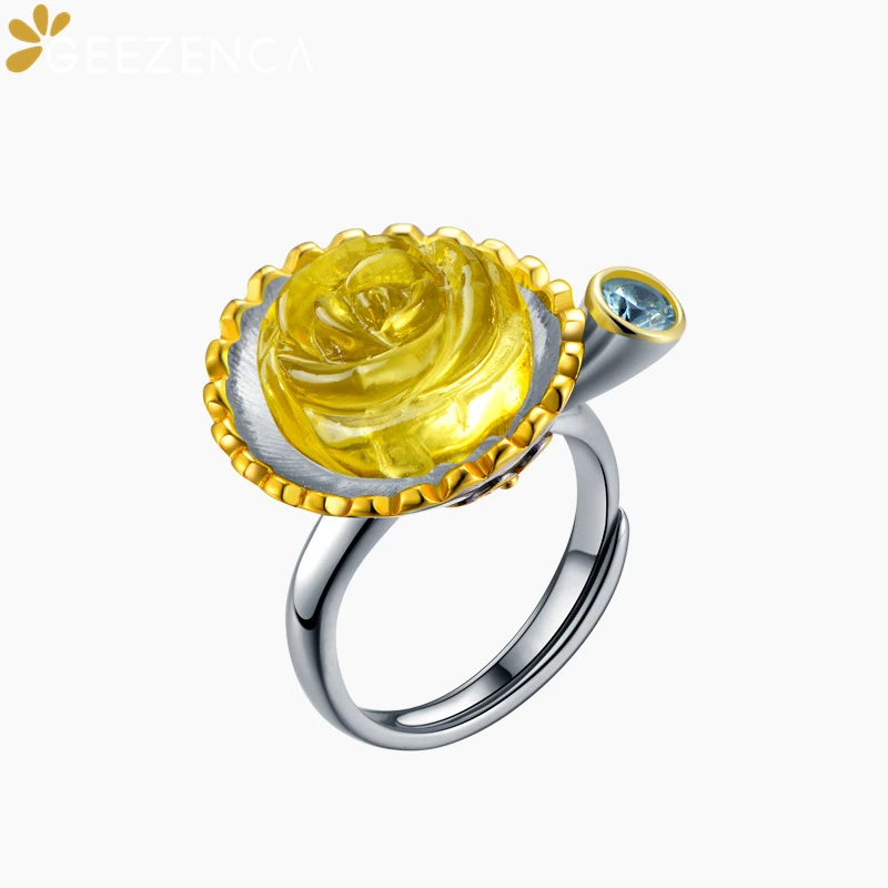 

GEEZENCA S925 Silver Natural Amber Rose Flower Ring For Women Designer Trendy Cute Resizable Cocktail Rings Fine Jewelry Gift