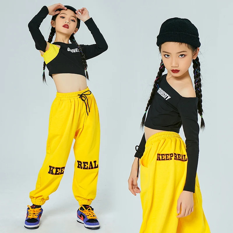 

2021 одежда в стиле «хип-хоп» повседневные топы для девочек; Брюки с цветочным принтом желтые Джаз наряд для практик Детская уличная Одежда дл...