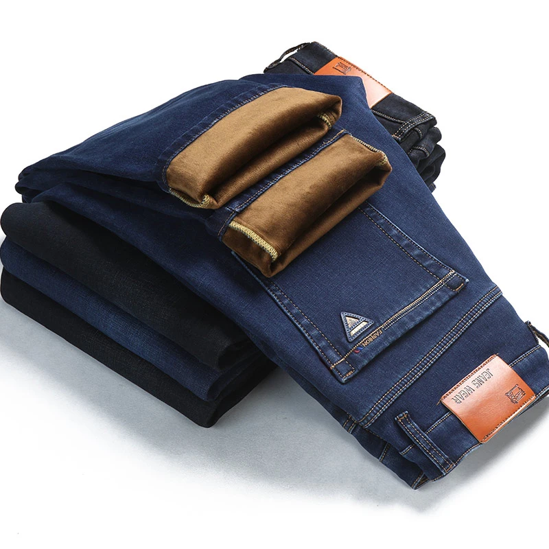 DIMI Warm Denim Pants Male Brand Clothes Winter Men's Business Thickened Jeans Classic Style Fashion Casual Straight Fleece