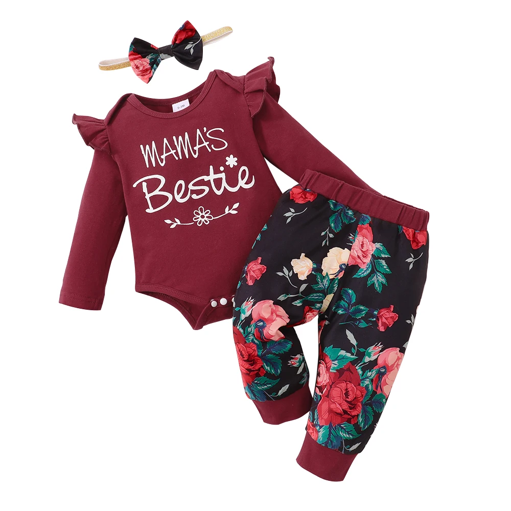 

Newborn Baby Girls Fashion Round Neck Ruffle Long Sleeve Romper Floral Cotton Pullover Elastic Waist Pant Headband 3 Piece Set