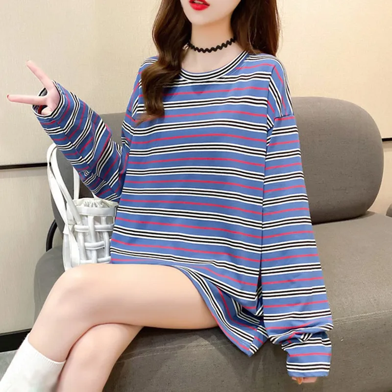 

2020 Fashion Korean Spring Autumn Women Clothes Loose And Versatile Striped Long-sleeved T-shirt For Student Top