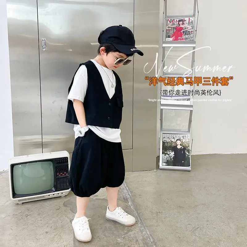 

Boys Set Summer 2021 New Trendy Children's Summer Dress Handsome Thin Baby Fashion Vest Shorts Three-piece Set kids clothes Boy