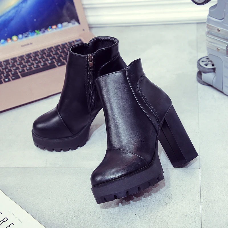 

Winter Ankle Boots for Women 10cm High Square Heels Leopard Black Leather Boots Ladies Shoes Platform Round Toe Zipper Booties
