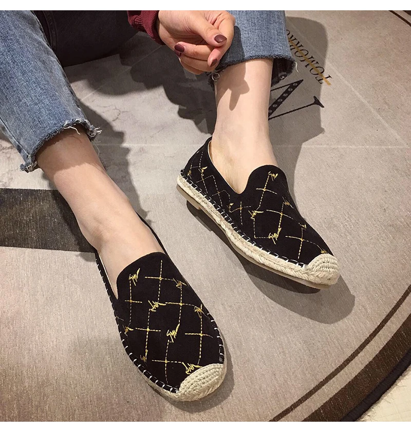 Fashion Hemp Loafers Women Espadrilles Flats Shoes Sewing Rhinestone Round Toe Ladies Casual Moccasins Slip On Brand Style New