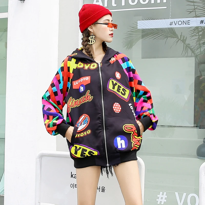 

Women Baseball Jacket 2021 Autumn Female's Printed Hooded Jacket Coat Casual Zipper Wild Outwear Lady student large size coat