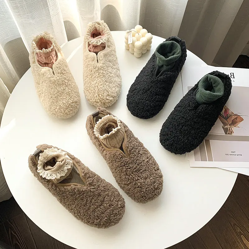 Женские зимние шлепанцы с мехом ягненка; chaussures femme Pantuflas; меховые шерстяные туфли для улицы; женская обувь; женские мокасины; Тапочки