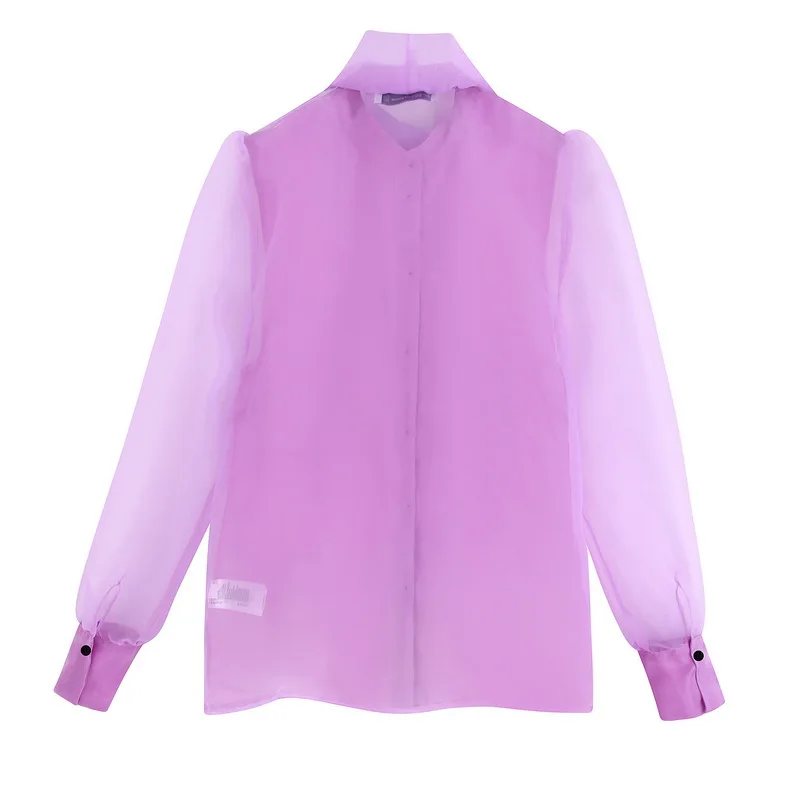 Прозрачная женская блузка Осень 2019 Новая мода фиолетовый органза лук воротник