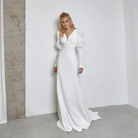 simple civil wedding dress puff sleeve v neck sweep train elegant bridal gown for woman backless custom made %d1%81%d0%b2%d0%b0%d0%b4%d0%b5%d0%b1%d0%bd%d0%be%d0%b5 %d0%bf%d0%bb%d0%b0%d1%82%d1%8c%d0%b5