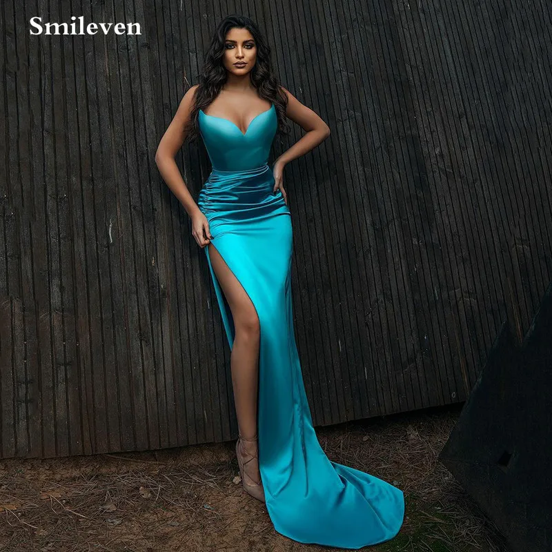 

Smileven Prom Dresses 2021 Royal Green mermaid Sexy Split Elastic Party Dress SexyVestidos De Gala Strapless Long Prom Gown