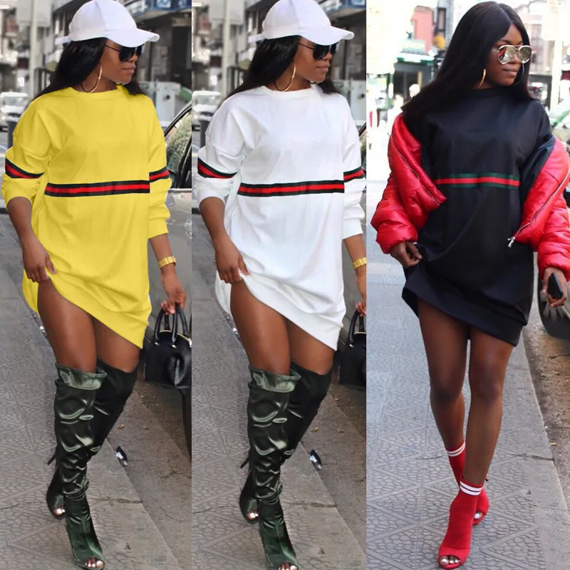 Женское платье свитшот в полоску с круглым вырезом и длинным рукавом|Женские