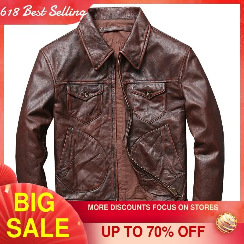 

2021 Vintage Brown Casual Style Genuine Leather Jacket Men Large Size 4XL Real Natural Cowhide Autumn Slim Fit Short Coat