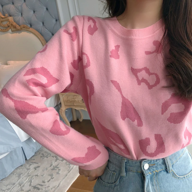 women pink leopard sweater crew neck knitted pullovers long sleeve winter autumn casual sweet M0039 | Женская одежда