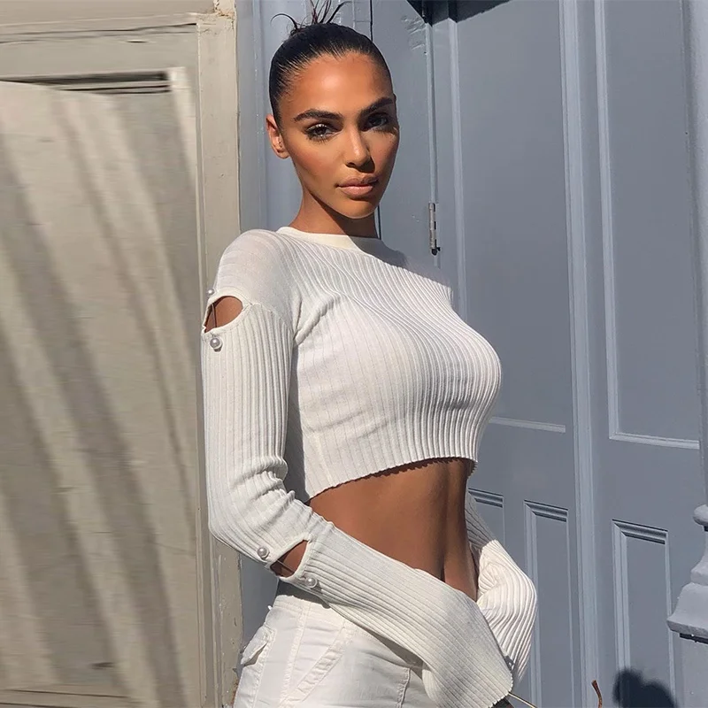 

Women's Cable Knit Crop Tops Sexy Cut Out Long Sleeve Crew Neck Solid Color Slim Fit T-Shirts