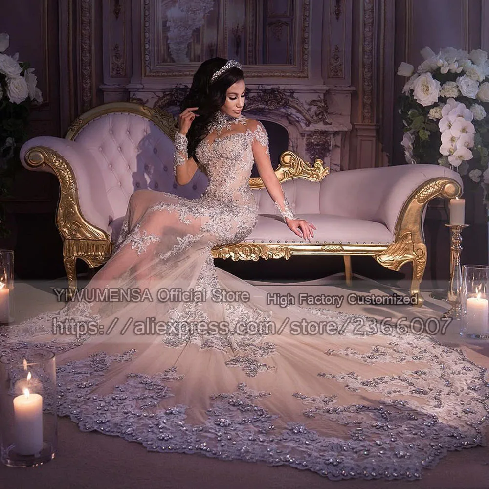 

Saudi Arabia Luxury Sparkly Bling Beaded Bridal Gown Sheer Illusion Champagnes Tulle High Neck Mermaid Long Wedding Dresses 2021