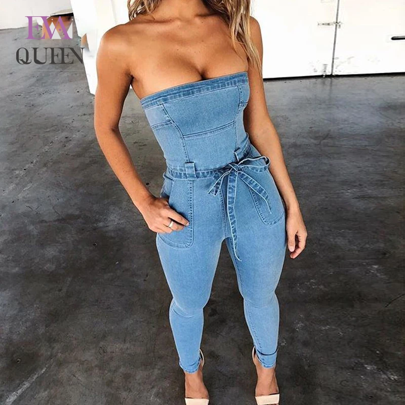 Женский джинсовый комбинезон EvaQueen облегающий Длинный с открытой спиной вечерние