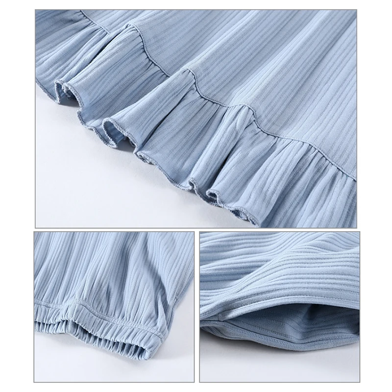 

ATUENDO Spring Fashion Blue Pajama Sets for Women Autumn Pure Satin Soft Sleepwear 100% Cotton Atoff Home Silk Lounge Nightwear