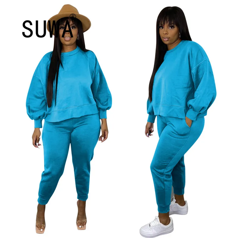 

Черная/синяя однотонная теплая плюшевая толстовка, комплект из двух предметов, женская одежда, Свободный пуловер с длинным рукавом и брюки-...