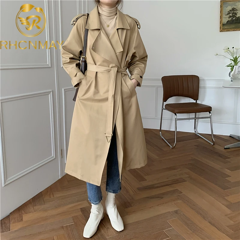 

Женский Длинный тренчкот с отложным воротником, элегантный тренчкот большого размера с поясом, Женская ветровка для зимы 2020